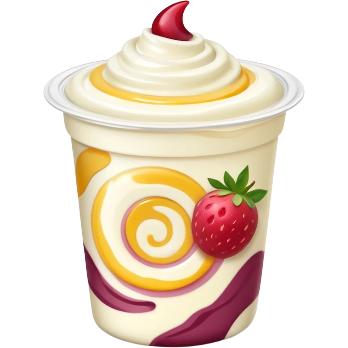 small yogurt cup with peeled-back foil lid, creamy yogurt with fruit swirls, no spoon or extras, soft lighting, subtle shadows, emoji scale emoji