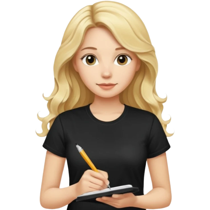 a beautiful blonde with long wavy hair-in-a-black-t shirt-a writes in a diary with a pen emoji