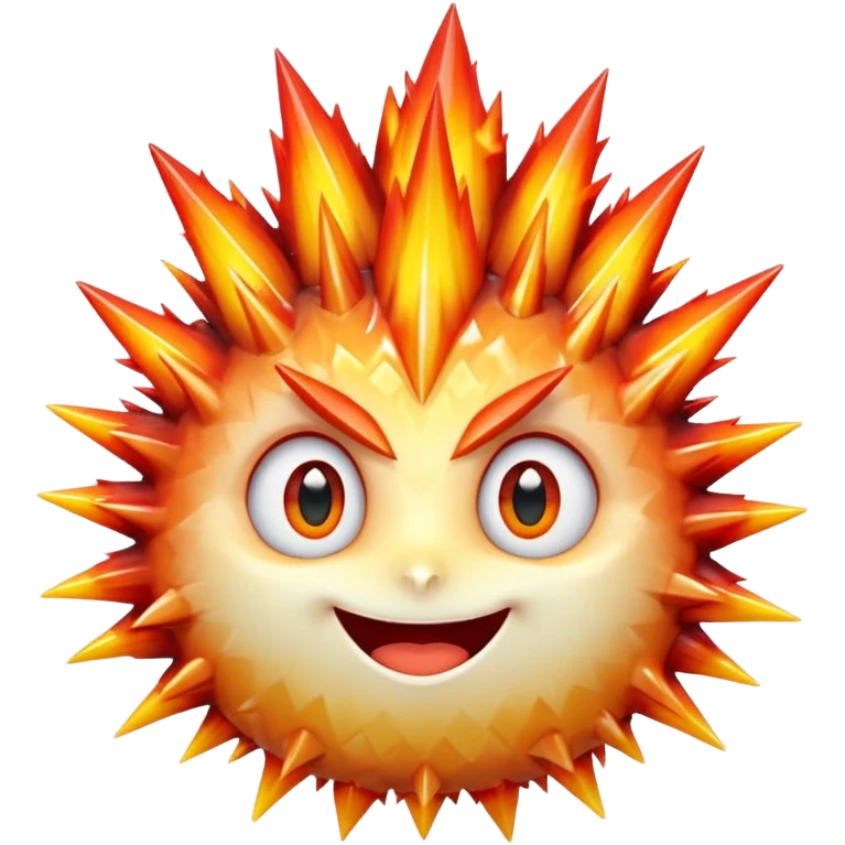 A single spiky crystal rock character, compact and round with many chunky flame-like spikes, glowing red–orange–yellow gradient like fire, faceted crystal texture, cute face with big shiny eyes and excited smile, emoji