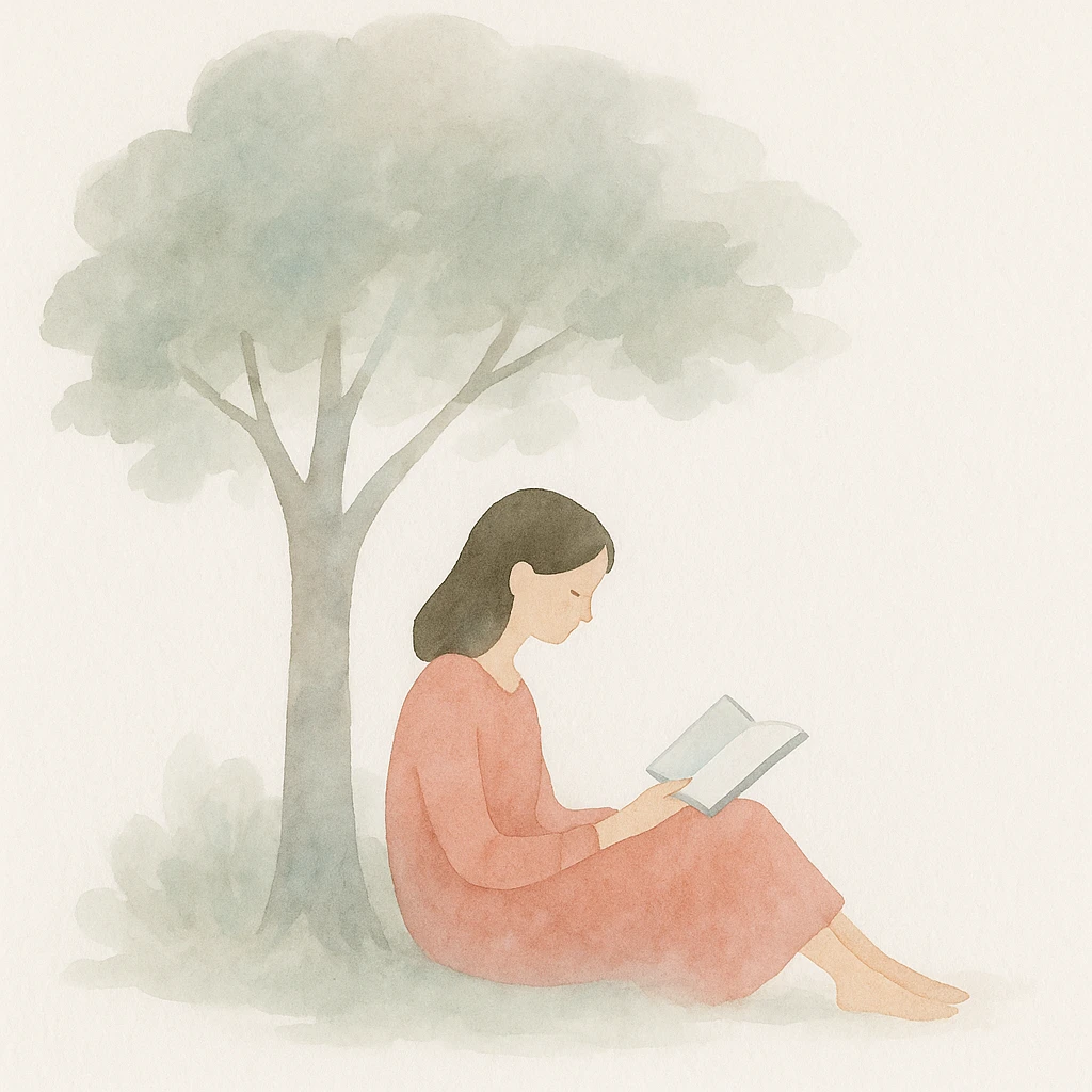 a girl under a tree reading a book, watercolor art style emoji