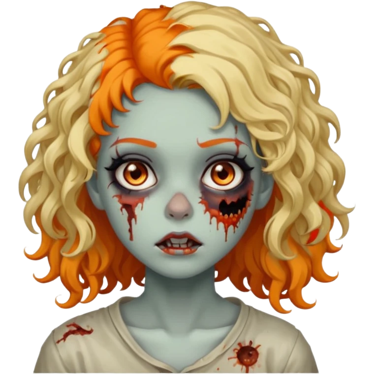 Faça uma garota zumbi de cabelo cacheado preto e uma mecha descolorida meio alaranjada do lado esquerdo emoji