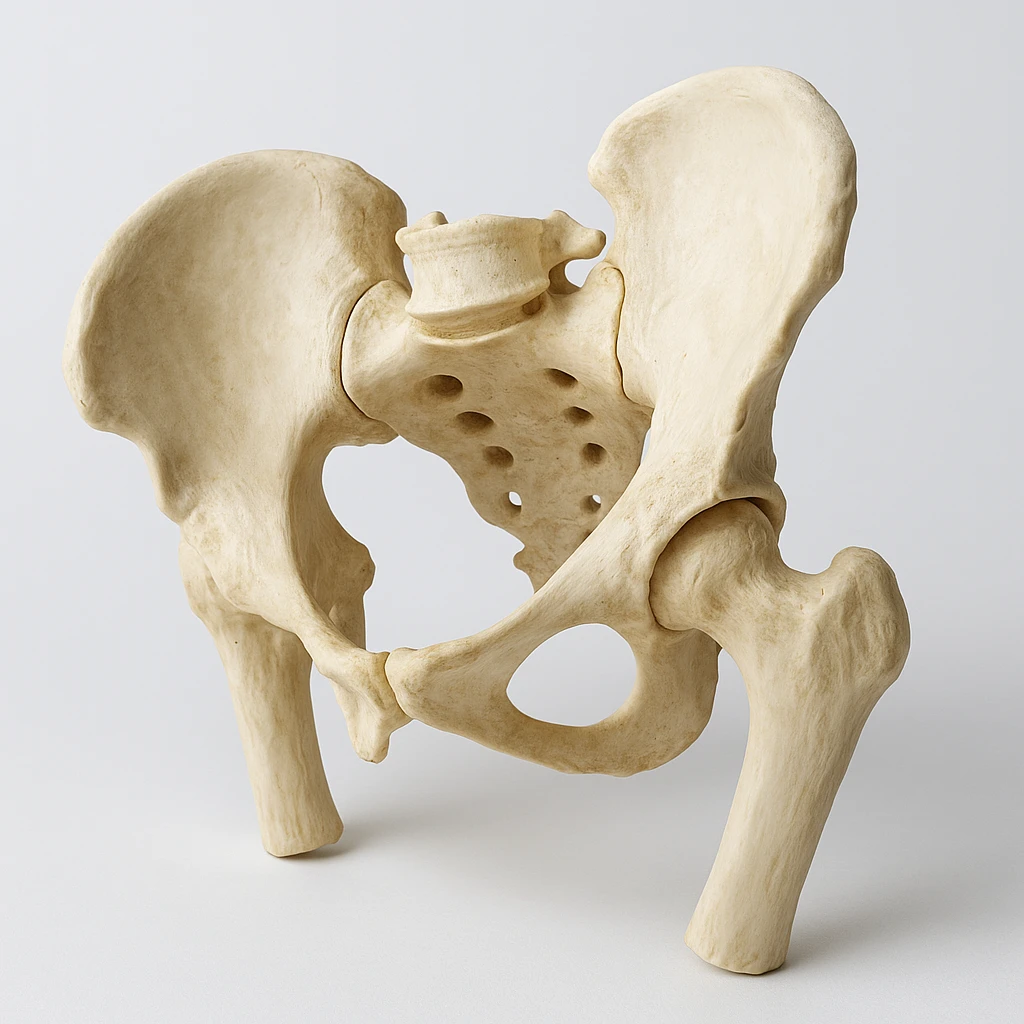 realistic human pelvis tilted, 4K image, anatomical details, very evident tilt, oblique view, clinical atmosphere, white background emoji