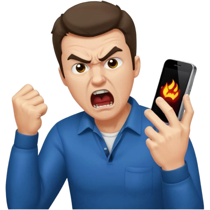 man, enraged, screaming at mobile phone emoji