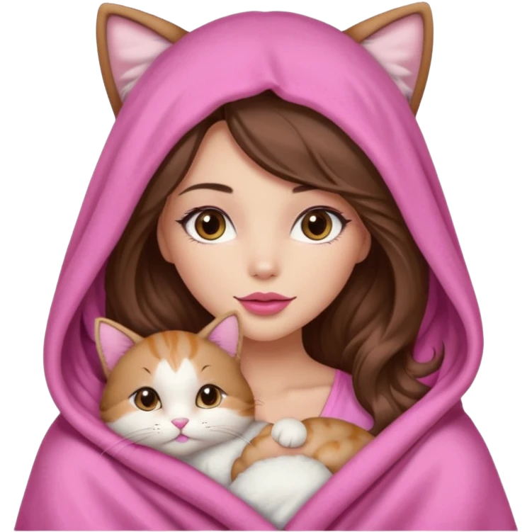girl with long wavy brown hair, brown eyes, long lashes makeup, sexy pink lips, light to medium complexion, wearing a pink sexy silk top, big blanket over the head cozy holding a cat,  emoji