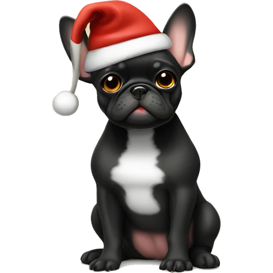 Mostly Black frenchie with tan paws wearing Santa hat and sitting emoji