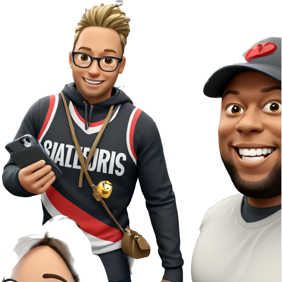 happy couple indoors with accessories emoji