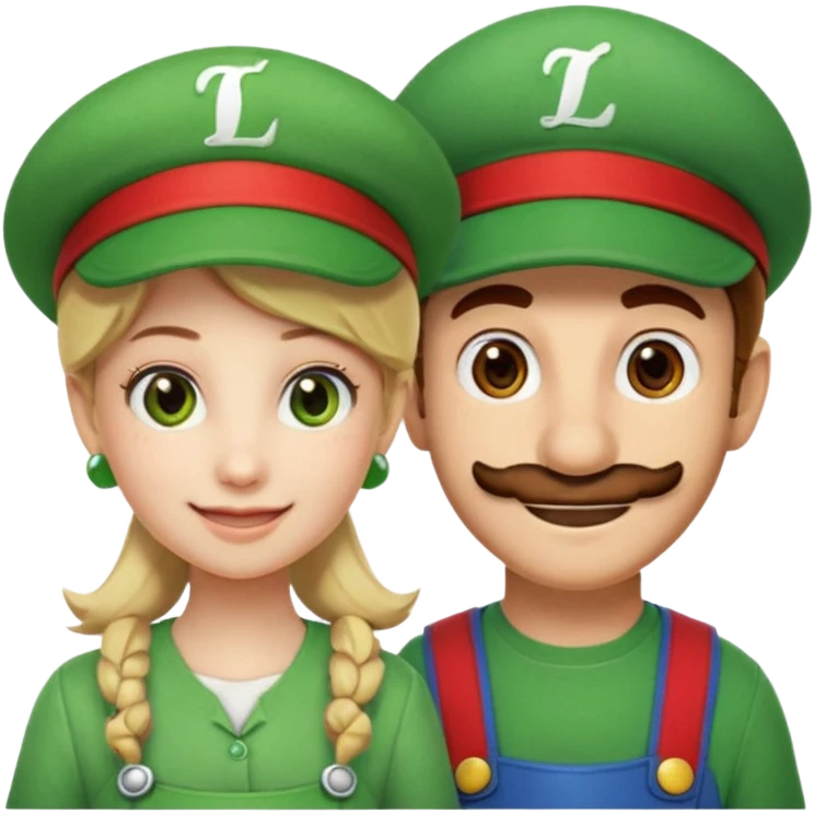 blonde female Luigi (with the Luigi green hat with an L on it) and a normal brown hair male Mario with the red hat with a (M) on it. They are friends just smiling. think video game emoji