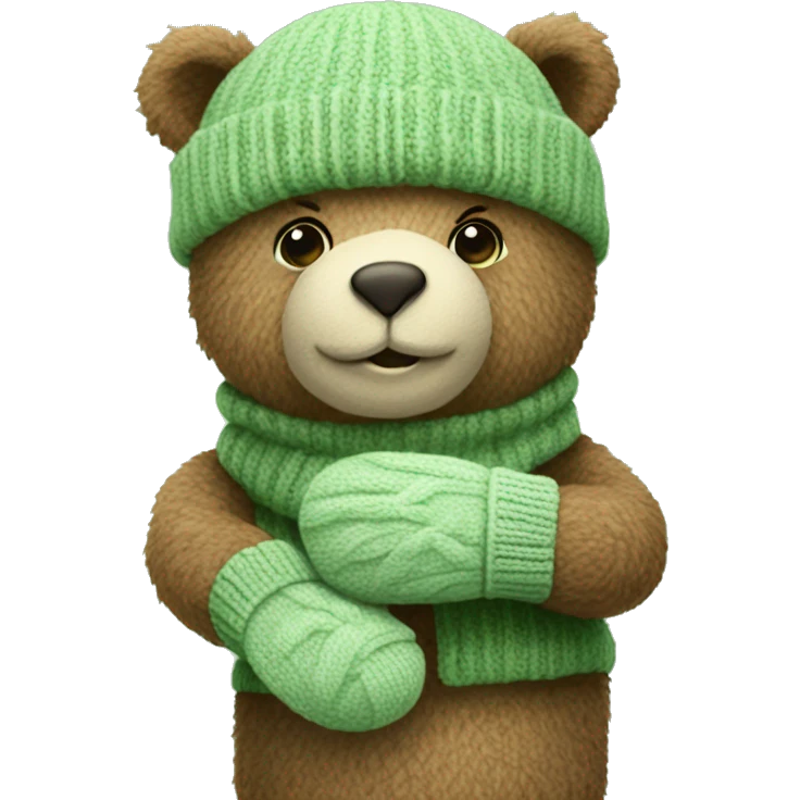 Cute Bear with knitted Sage green mittens emoji