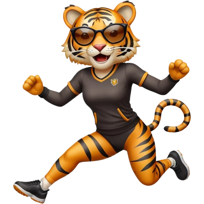female energetic anthropomorphised tiger in sports clothes, wearing dark sunglasses, jumping with excitement emoji
