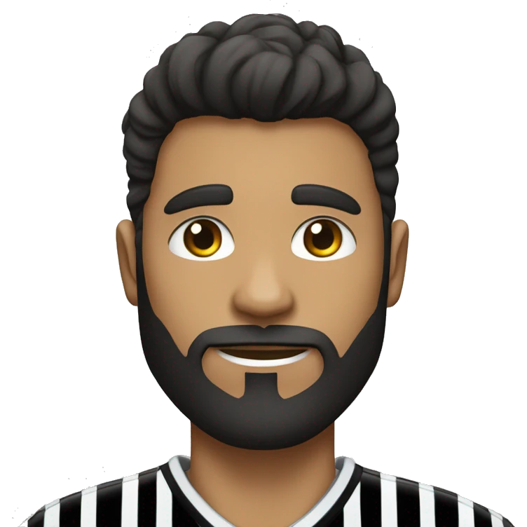 una persona blanca con barba negra ojos negros y pelo negro para arriba y una camisa de rayas celestes y blancas con una pelota de futbol emoji
