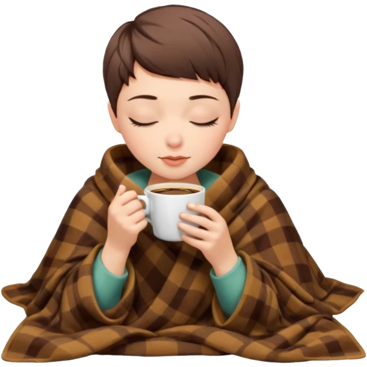white girl pixiecut Hair Brown inside a blanket sipping coffee eyes closed emoji