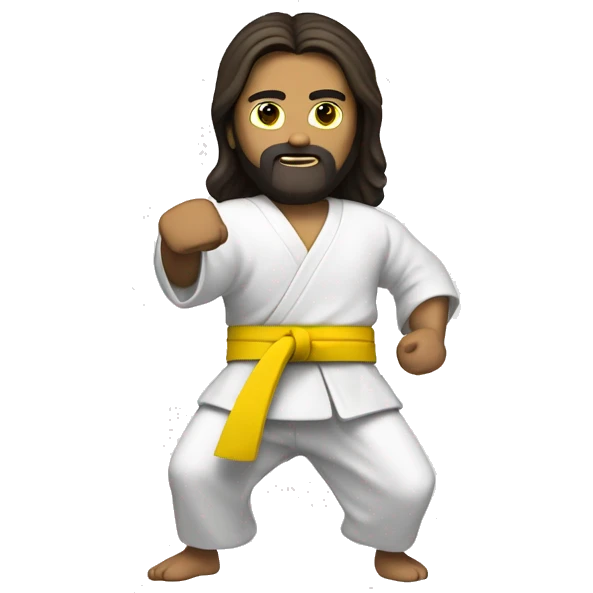 Jesus fighting kung fu with a yellow belt, black pants and a white shirt with black sleeves emoji