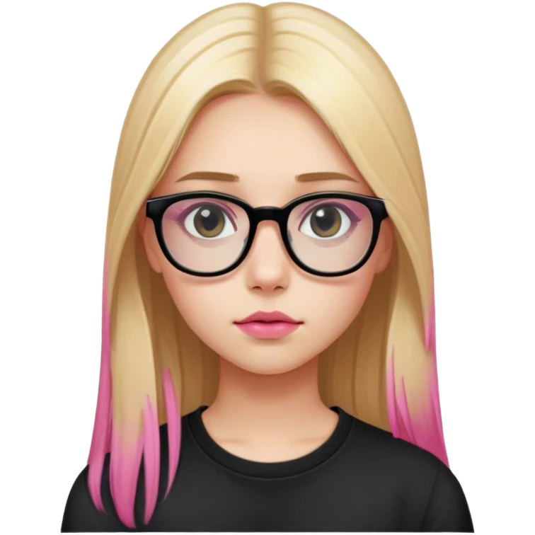 Teenage girl taking a selfie in a school bathroom. Long straight blonde hair with pink dye, rectangular glasses, black shirt, neutral expression with slightly glossy lips emoji
