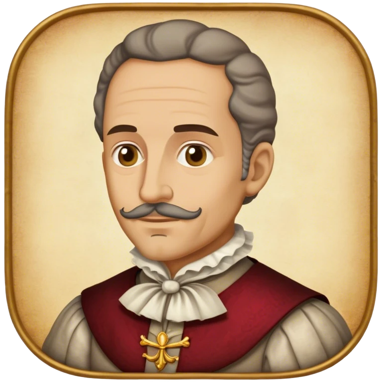 Cinematic Realistic Miguel de Cervantes Portrait Emoji, depicted as a wise thoughtful literary figure in period attire with a reflective gaze, rendered with detailed textures and soft historical lighting that captures his enduring literary legacy. emoji