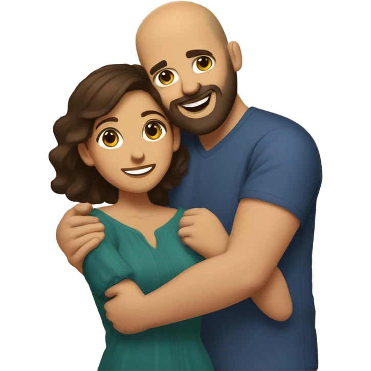 Brown-haired Puerto Rican woman with dark brown eyes wearing a cute blouse giving comforting hug to short, bald man with brown eyes, laugh lines, and a beard emoji