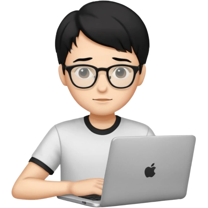 un estudiante con lentes y su laptop CON CAMISA Y CABELLO NEGRO emoji