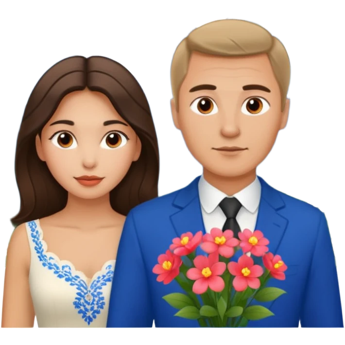 Couple learning each others language  in Montenegro russian man and elegant  Latina girl delicate flowers and mountains in the background  emoji