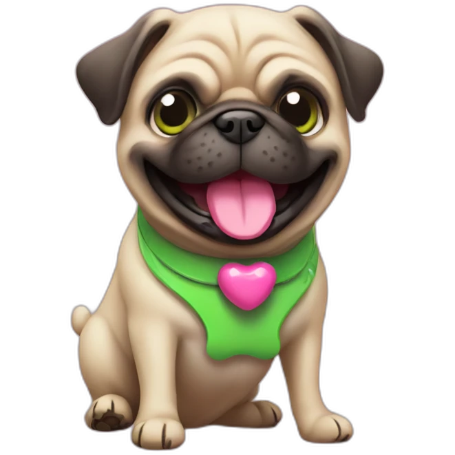a happy pug whit a green toy bone and pink collar emoji