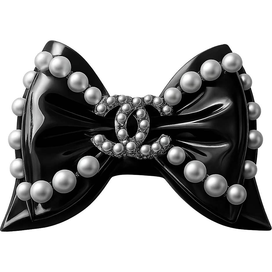 Remove the background, keep only the elegant bow with pearls and gold Chanel logo, glossy, monochrome, realistic style, with no background. emoji