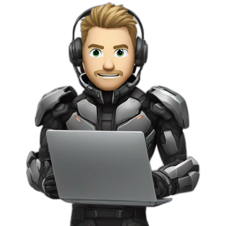 developer behind his laptop with this style : Crytek Crysis Video game with nanosuit character hacker themed character emoji