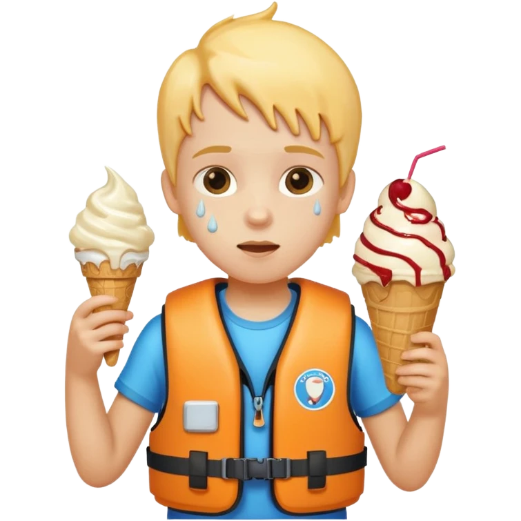 kid wearing lifejacket, holding ice cream emoji
