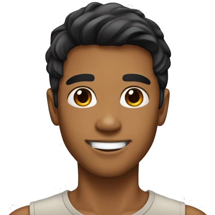 A young man with caramel brown skin, slightly longer black hair, a smiling face without a beard.  emoji