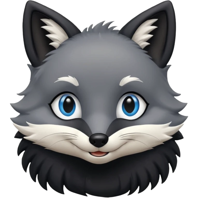 Grey furry fox with a black coat, blue eyes, and a small fringe of black hair, smiling emoji