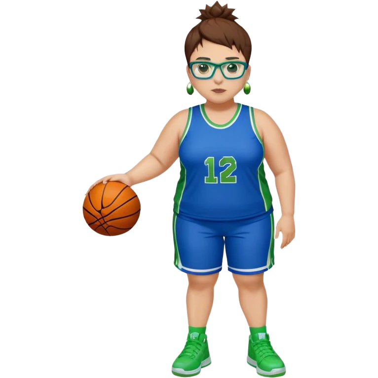 Full Body white plus size Girl with basketball spikey short brown HAIR wearing blue glasses with green eyes wearing blue and green basketball uniform PLAIN WITH GREEN SHOES AND EARRINGS emoji