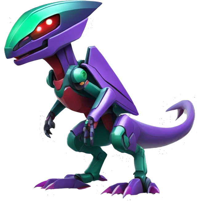 a purple-green-red Genesect-Raptor-Fakémon—hybrid with a futuristic visor-helmet full body emoji