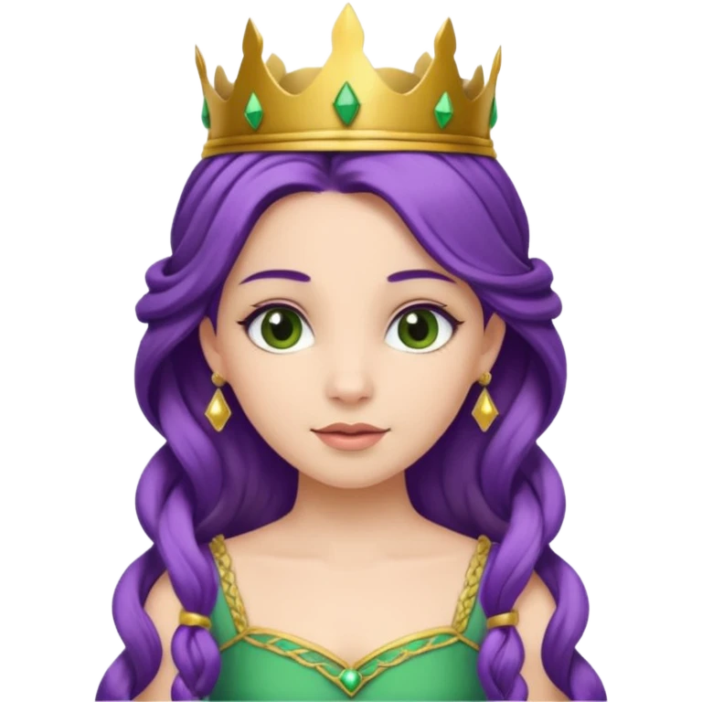 Princesses, with Gold Crown on purple braid hair, with green dress emoji