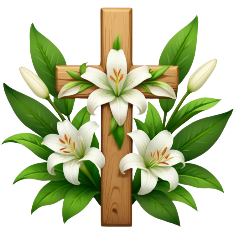A wooden cross with white lilies around the bottom.. No lilies on the centre of the cross.  emoji