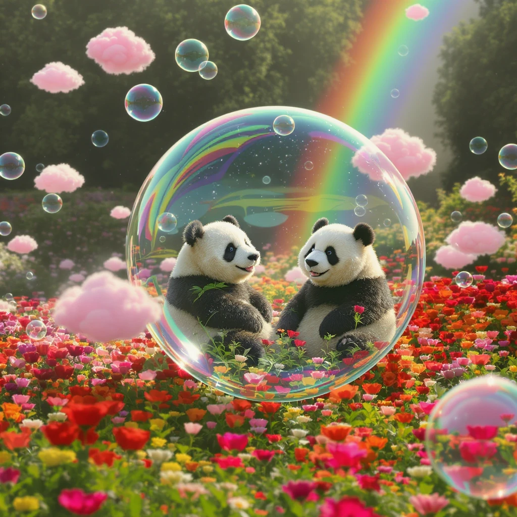Cinematic still pandas bears sitting inside bubbles flying over field full of flowers, sunny summer day, happy vibe, colorfull surround, rainbow, small cute pink clouds around, minimalisic emoji