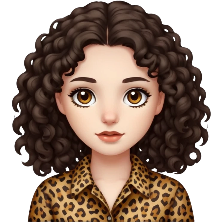 pale girl with dark brown eyes and long curly dark brown hair with leopard print shirt  emoji