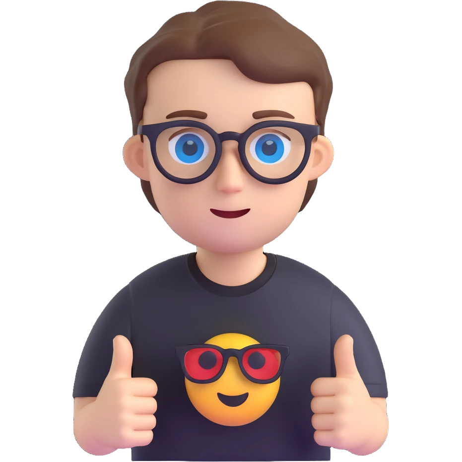 white boy, blue eyes, black glasses, black t-shirt, 3D emoji style emoji