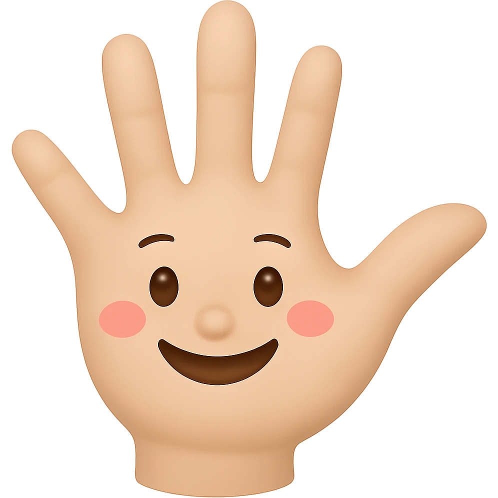 Make the eyes and fingers smaller, keep the hand waving and smiling, preserve transparent background. The style is a cartoonish character with a transparent background. emoji