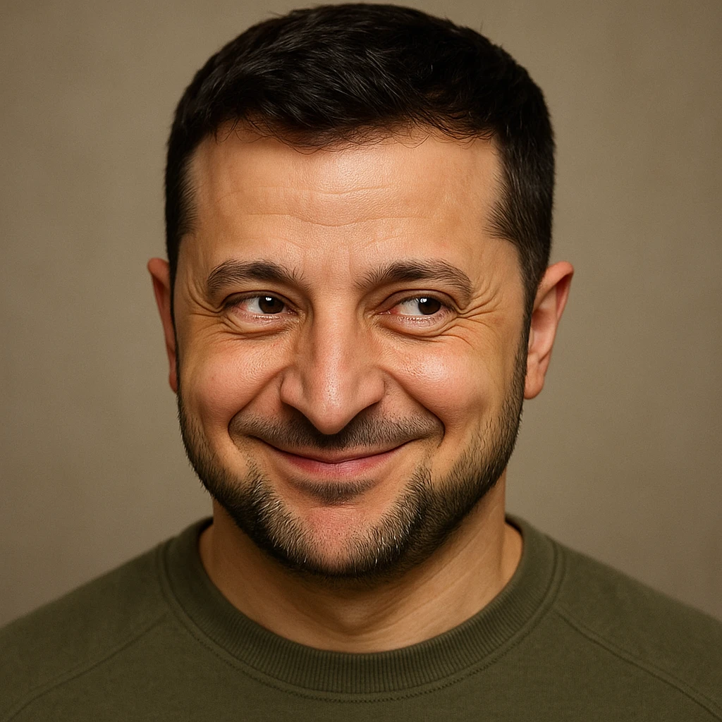 Vladimir Zelensky, photorealistic, emoji style, sly smirk, mischievous eyes emoji