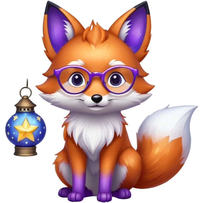 a small magical fox with shimmering purple and blue fur, a glowing fluffy tail, a silver star on its forehead, round glasses, and a tiny lantern. ❤️ emoji