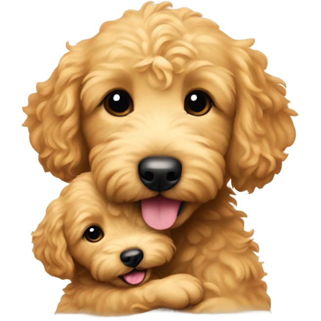 Mini golden doodle holding a baby emoji
