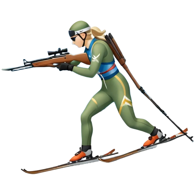 An icon featuring snow-covered trees, distant mountains, and a clear blue sky with a biathlete in motion, holding a rifle and skiing across a snowy course. Transparent background highlights the precision, endurance, and excitement of biathlon. emoji