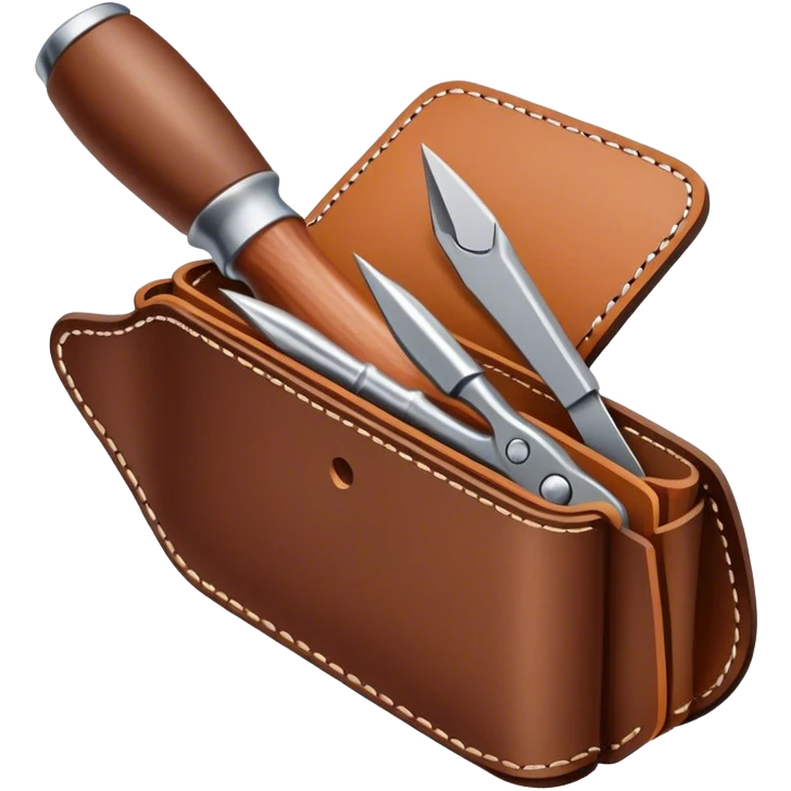 Leatherworking icon, piece of raw leather being crafted into a leather wallet or belt, professional tools like leather stitching awl, edge beveler, hammer, prying tool, minimalistic style, clean lines, transparent background. emoji