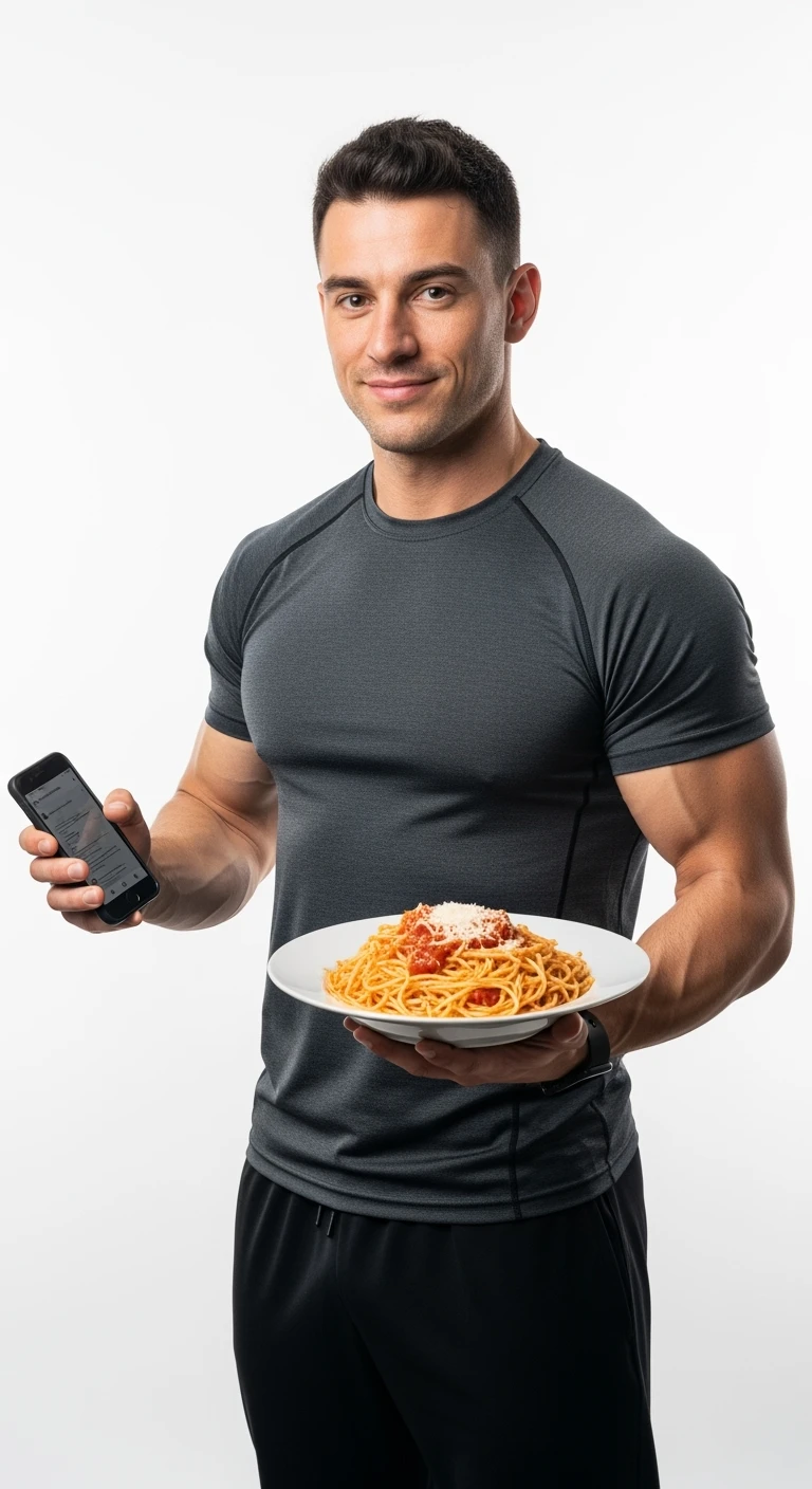 uomo fitness con piatto di pasta in mano e smartphone, sfondo bianco emoji