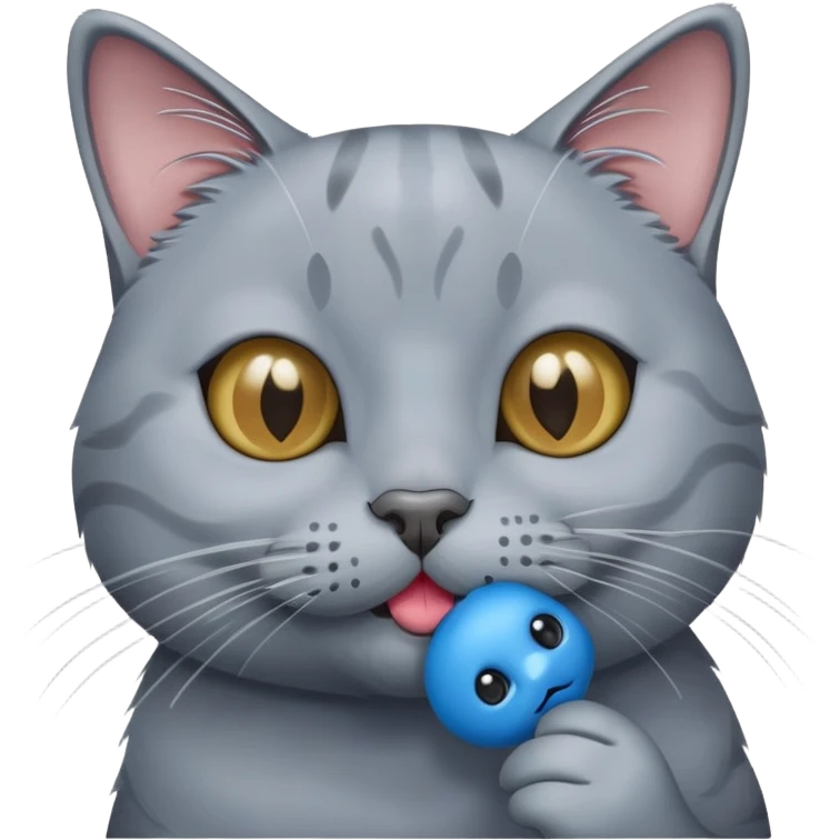 Old grey cat holding in mouth tiny blue seal  emoji