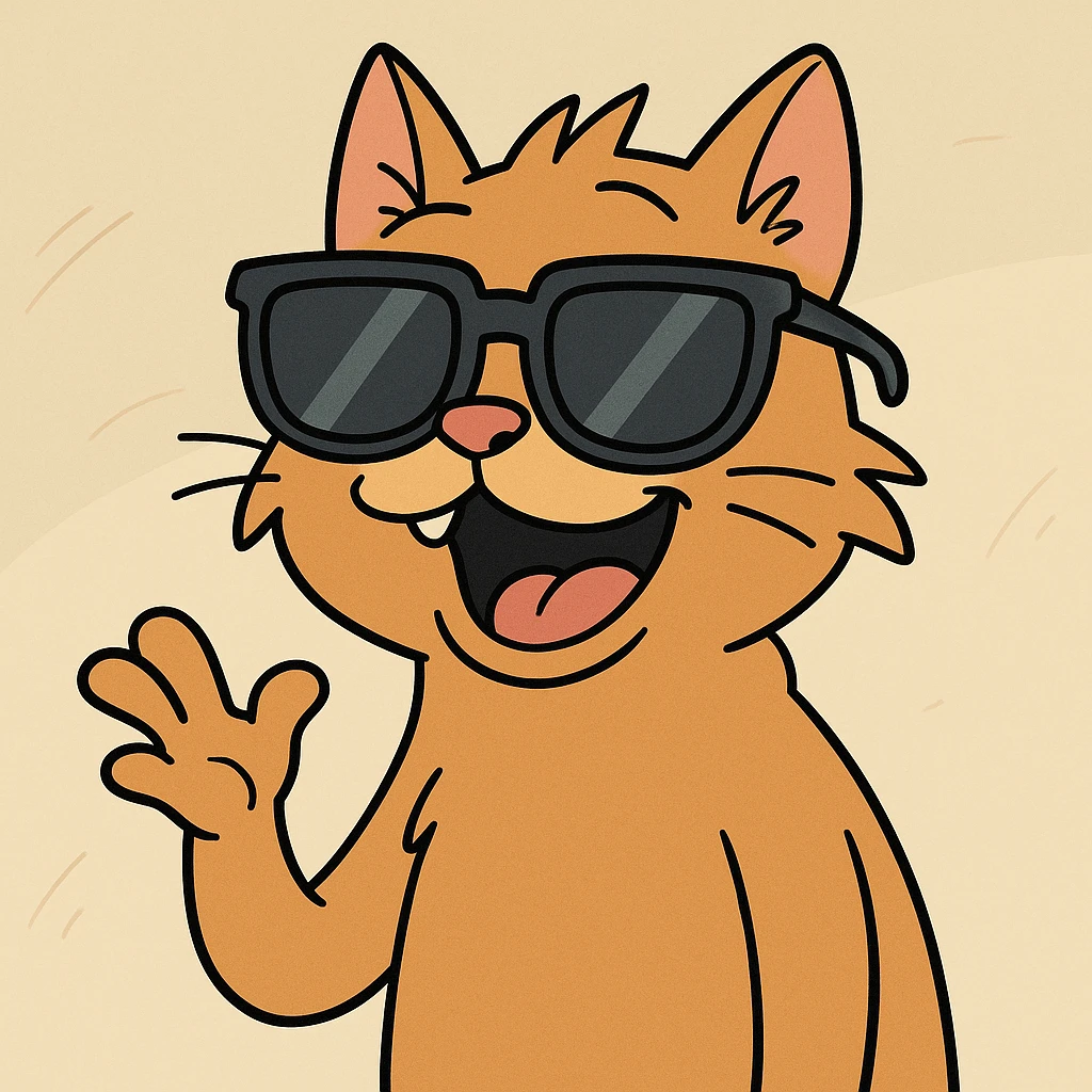 a goofy cat wearing oversized sunglasses, cartoon style emoji