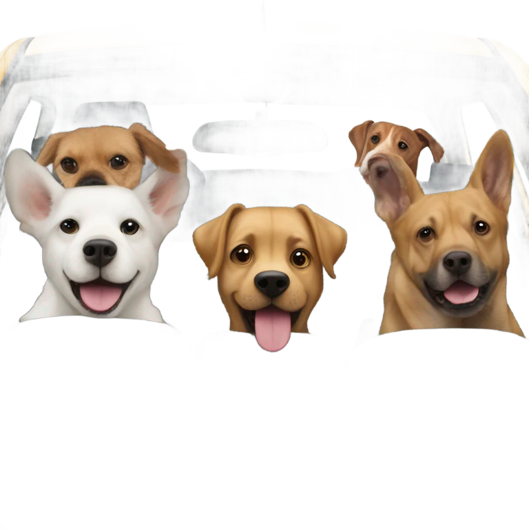 6 dogs in a Prius sticking their heads out of the window with a bald man in his 50’s who likes adventure driving the car emoji