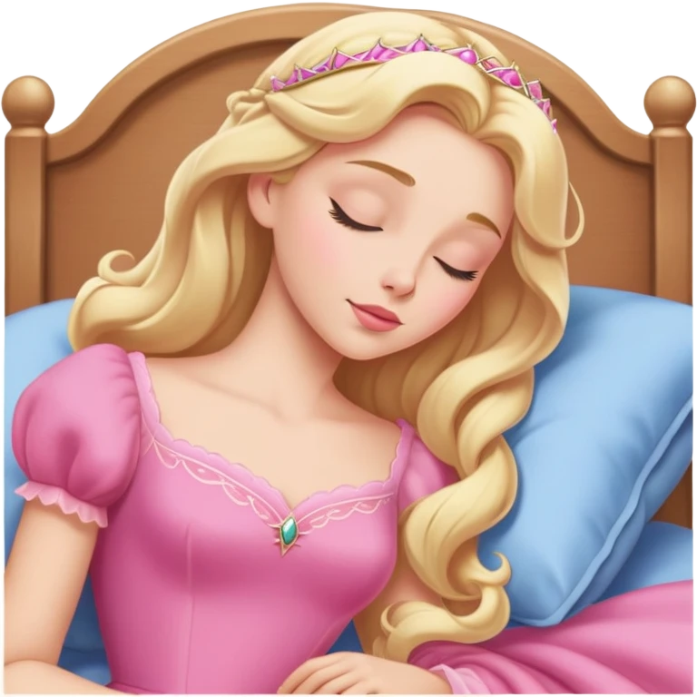 extremely minimal Aurora Sleeping Beauty from hips up, simple pink dress shape, basic blonde hair outline, few facial details, ultra simplified emoji