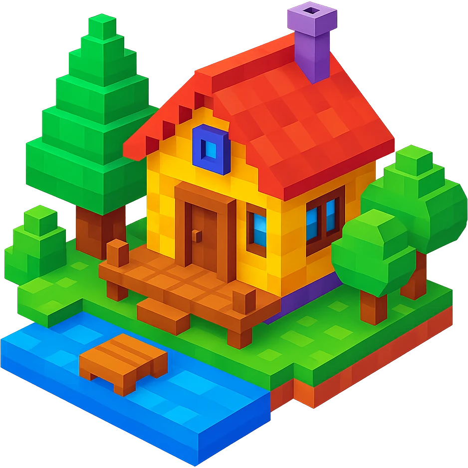 a cozy cabin by a lake in voxel style emoji