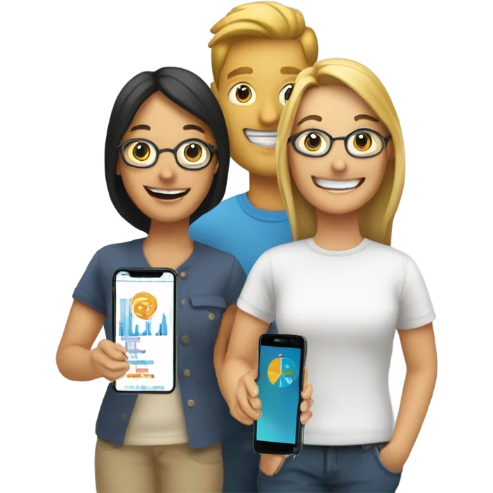 group with three happy person with a smartphone showing charts emoji