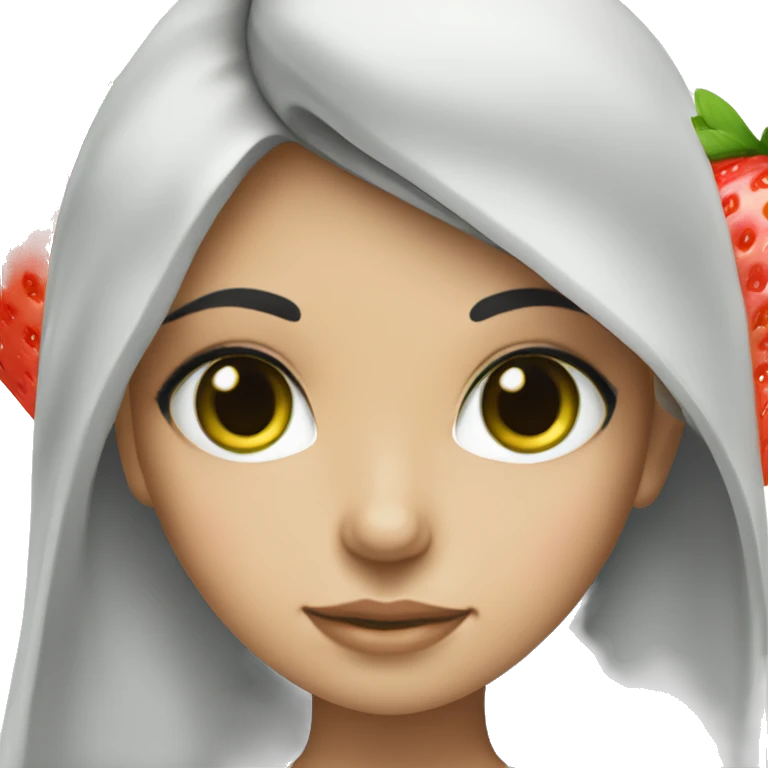 arab white girl with long black hair holding a strawberry and green eyes emoji