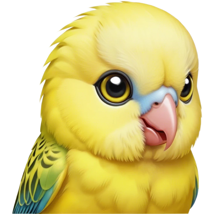 Cinematic Cute Yellow Budgie Portrait Emoji, Head tilted playfully and inquisitively, featuring a radiant yellow feathered fur with a natural sheen, round, sparkling dark eyes filled with curiosity, Simplified yet irresistibly adorable features, highly detailed, glowing with a warm, friendly glow, high shine, affectionate and lively, stylized with a touch of whimsy, bright and endearing, soft glowing outline, capturing the essence of a mischievous yet loving budgie, so playful it feels like it could chirp out of the screen and into your arms! emoji