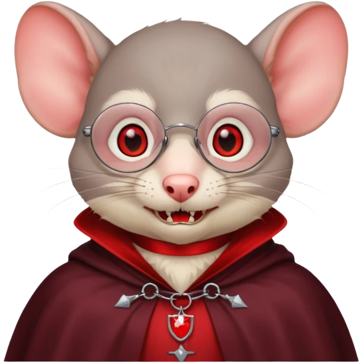 Vampire animal, rat in red collar cloak, red eye, fangs, classes emoji